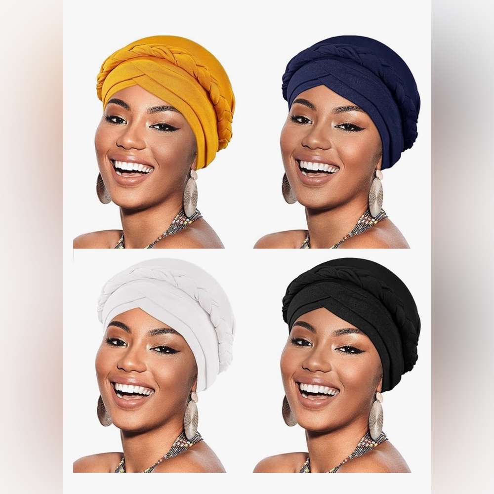 4 Pieces African Women Turban Cap Head Wraps Beaded Headscarf Beanie Wrap
